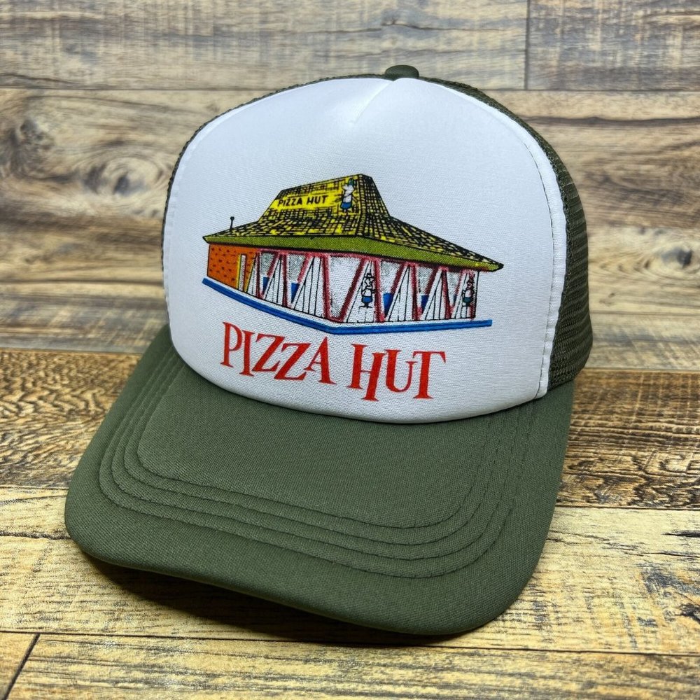 Pizza Hut Mens Trucker Hat Olive Green Snapback Vintage Logo Retro Baseball Cap - Picture 1 of 8
